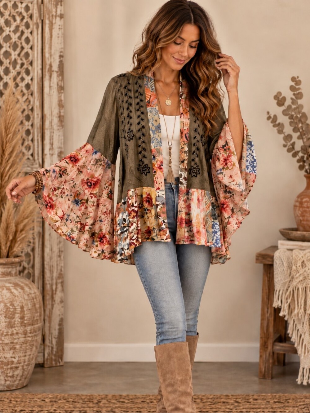 550.Bohemian Embroidered Floral Kimono Bell Sleeves Cardigan